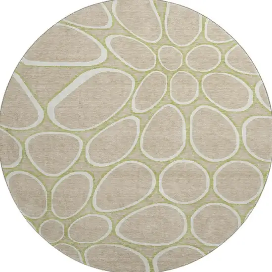 8' Tan Ivory And Green Geometric Washable Round Rug With UV Protection Photo 3