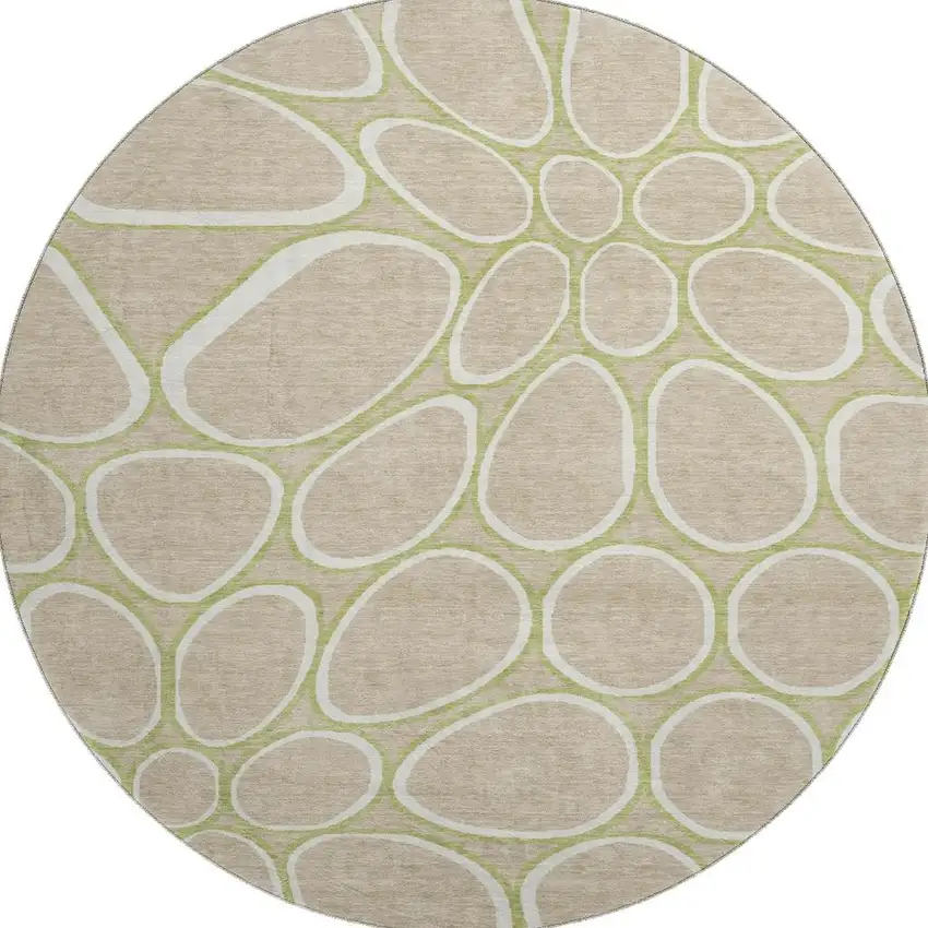 8' Tan Ivory And Green Geometric Washable Round Rug With UV Protection Photo 3