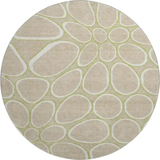 8' Tan Ivory And Green Geometric Washable Round Rug With UV Protection Photo 1