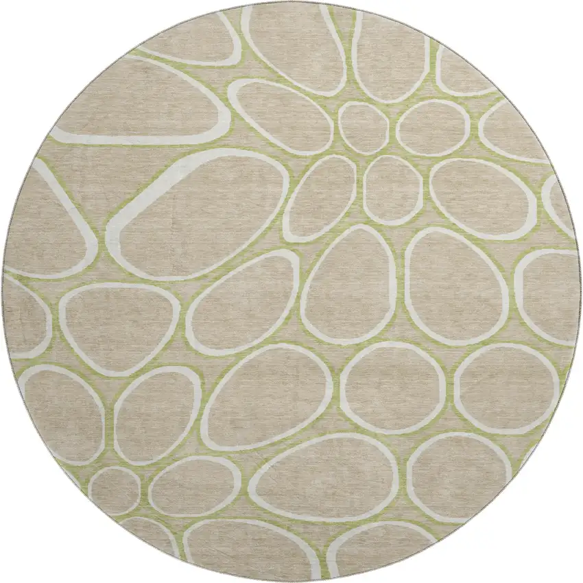 8' Tan Ivory And Green Geometric Washable Round Rug With UV Protection Photo 1