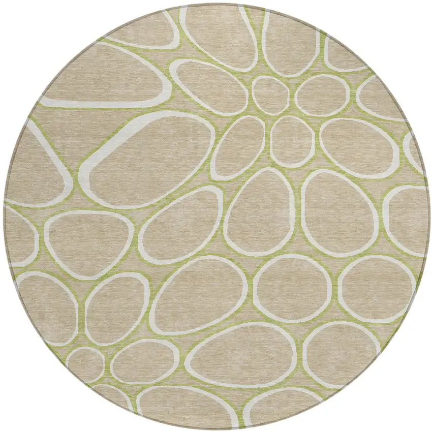 8' Tan Ivory And Green Round Abstract Washable Indoor Outdoor Area Rug Photo 2