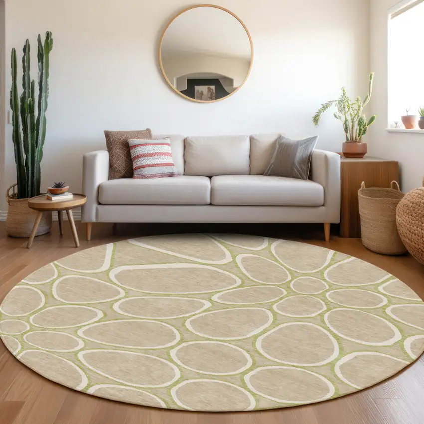 8' Tan Ivory And Green Round Abstract Washable Indoor Outdoor Area Rug Photo 8