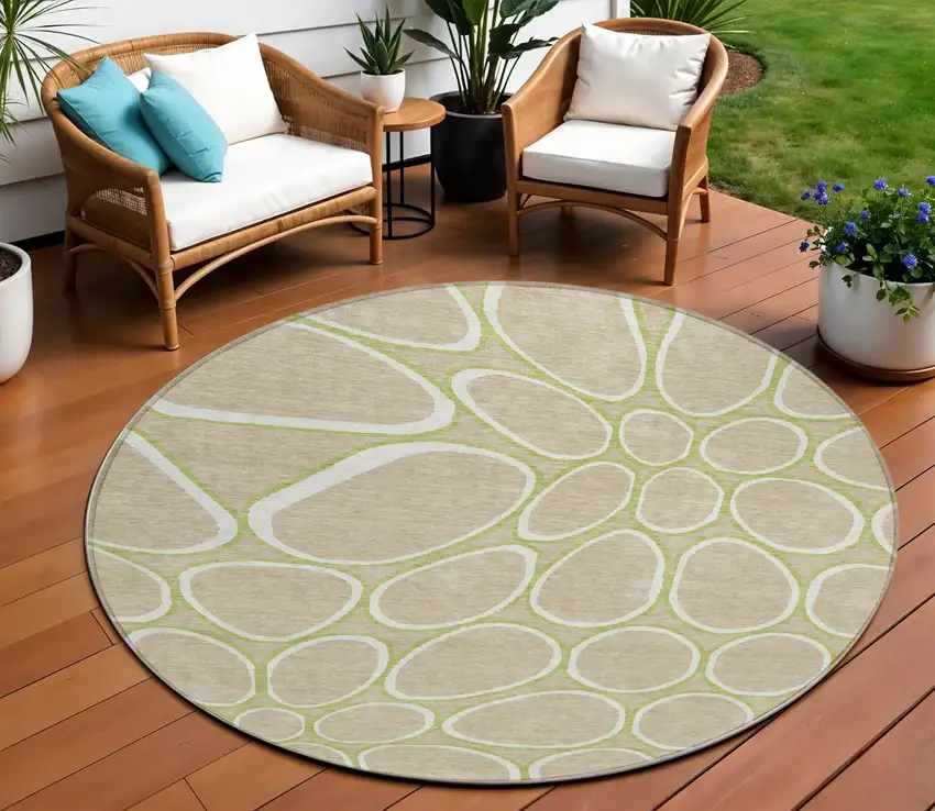8' Tan Ivory And Green Round Abstract Washable Indoor Outdoor Area Rug Photo 1