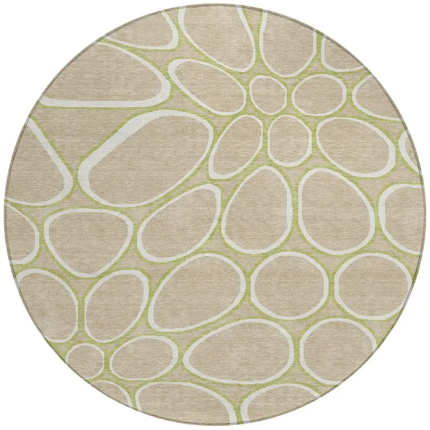 8' Tan Ivory And Green Round Abstract Washable Indoor Outdoor Area Rug Photo 6