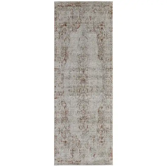 10' Tan Ivory And Orange Floral Power Loom Distressed Runner Rug With Fringe Photo 1