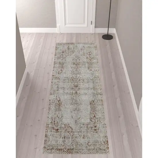 10' Tan Ivory And Orange Floral Power Loom Distressed Runner Rug With Fringe Photo 2