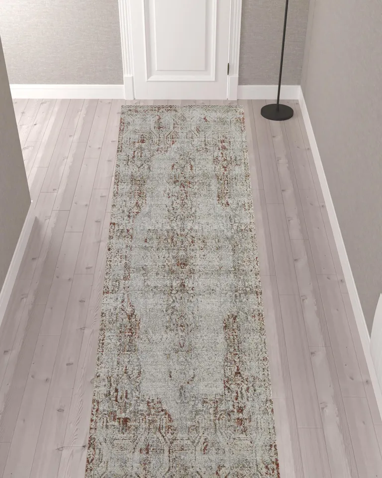 12' Tan Ivory And Orange Floral Power Loom Distressed Runner Rug With Fringe Photo 2