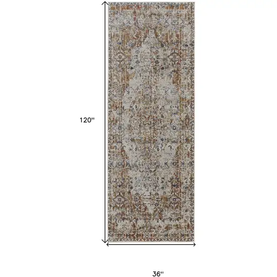 10' Tan Ivory And Orange Floral Power Loom Runner Rug With Fringe Photo 7