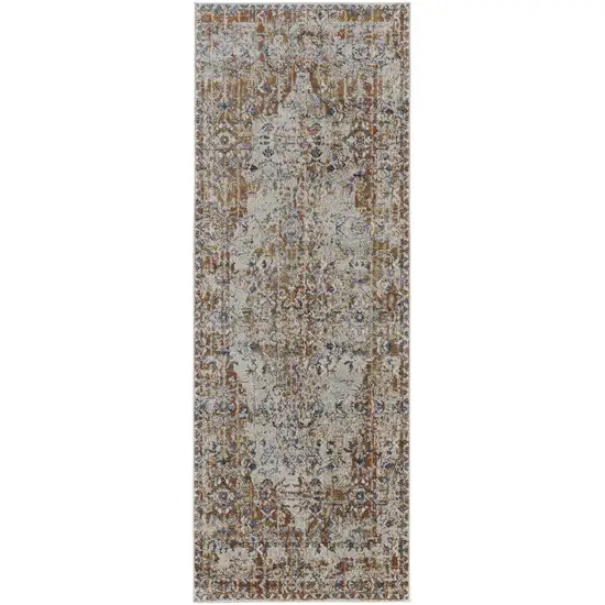 10' Tan Ivory And Orange Floral Power Loom Runner Rug With Fringe Photo 1