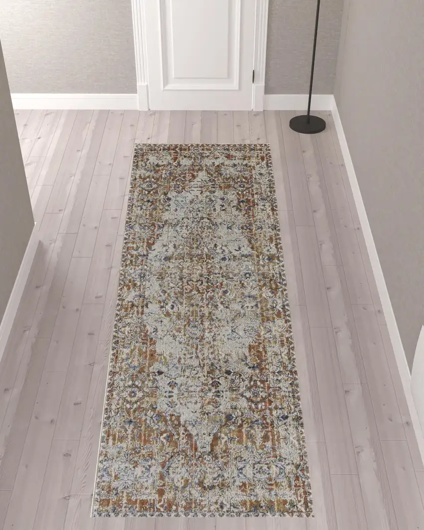 10' Tan Ivory And Orange Floral Power Loom Runner Rug With Fringe Photo 2