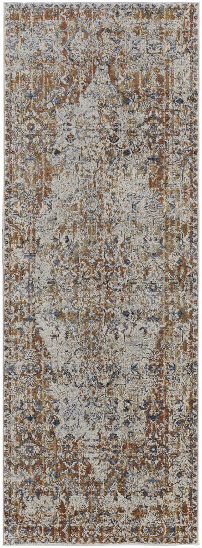 12' Tan Ivory And Orange Floral Power Loom Runner Rug With Fringe Photo 1