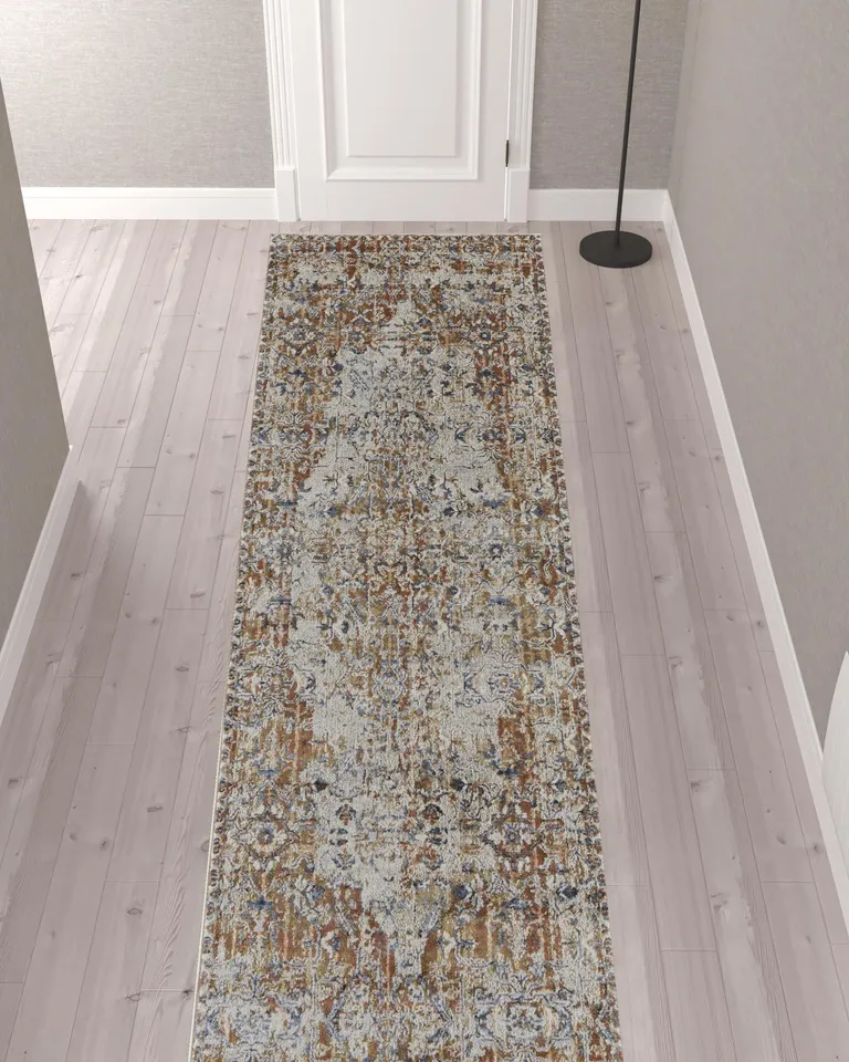 12' Tan Ivory And Orange Floral Power Loom Runner Rug With Fringe Photo 2