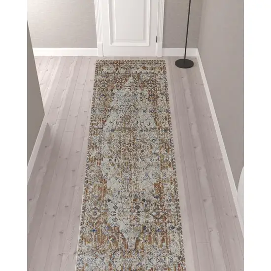 12' Tan Ivory And Orange Floral Power Loom Runner Rug With Fringe Photo 2