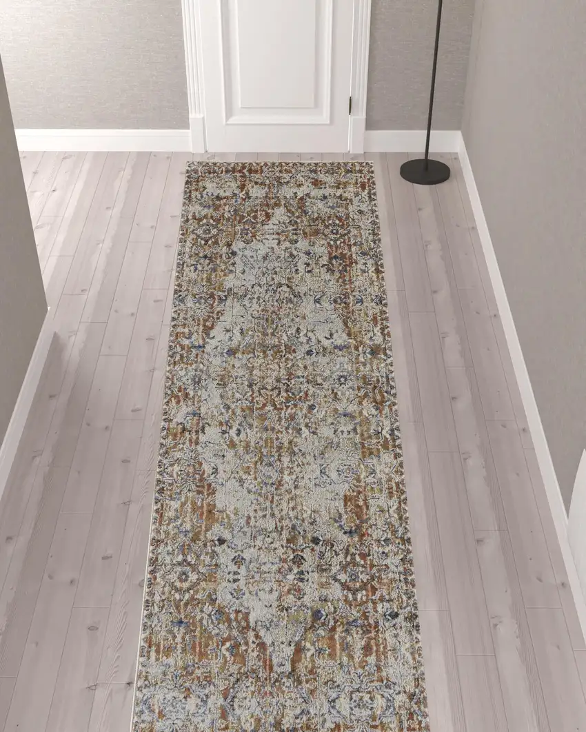 12' Tan Ivory And Orange Floral Power Loom Runner Rug With Fringe Photo 2