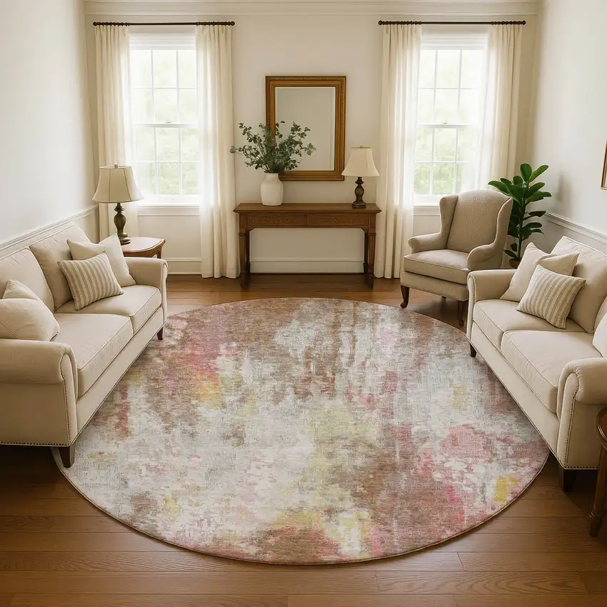 8' Tan Mauve And Ivory Abstract Washable Round Rug With UV Protection Photo 4