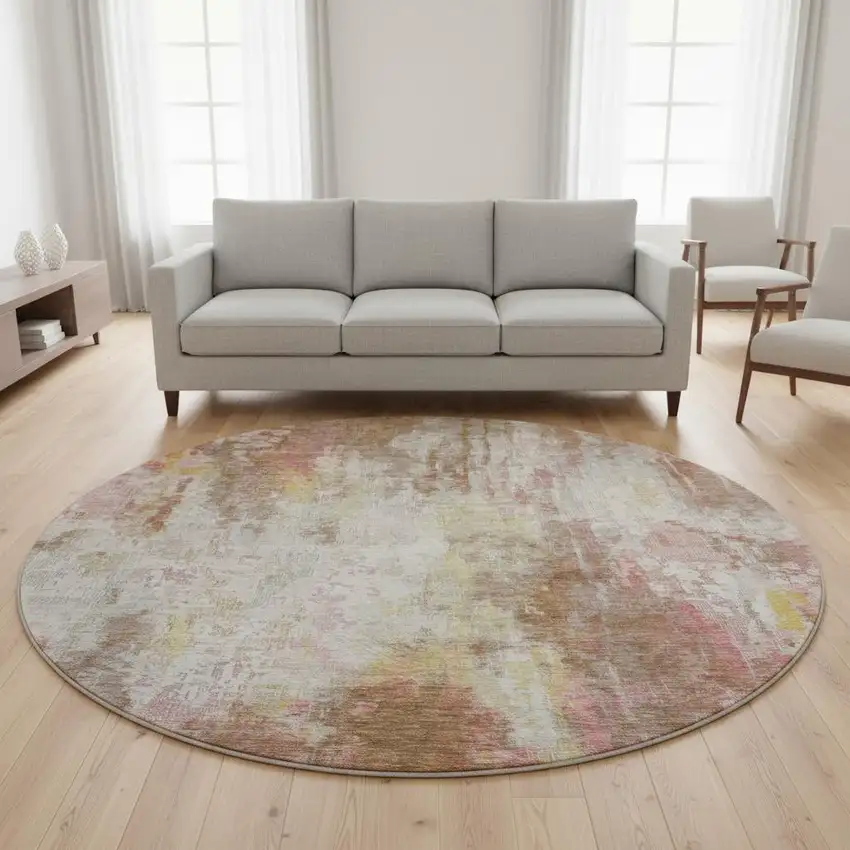 8' Tan Mauve And Ivory Abstract Washable Round Rug With UV Protection Photo 2
