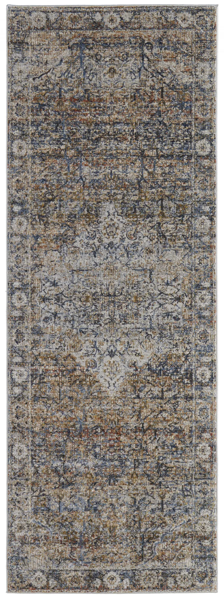 10' Tan Orange And Blue Floral Power Loom Distressed Runner Rug With Fringe Photo 1