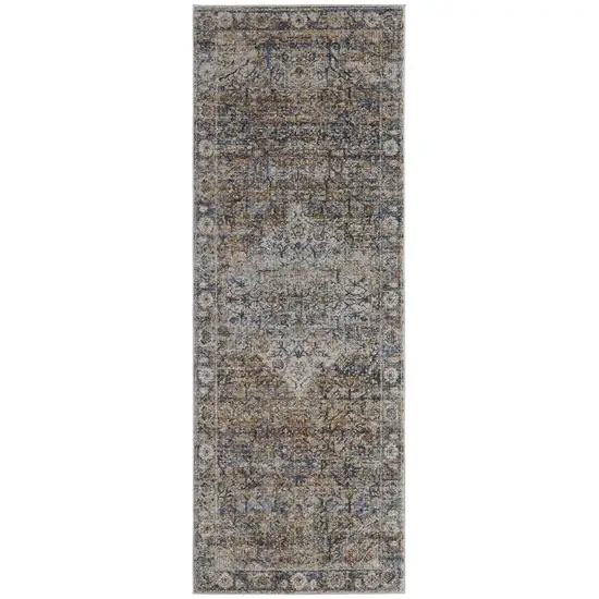 10' Tan Orange And Blue Floral Power Loom Distressed Runner Rug With Fringe Photo 1