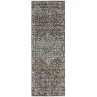 Photo of 10' Tan Orange And Blue Floral Power Loom Distressed Runner Rug With Fringe