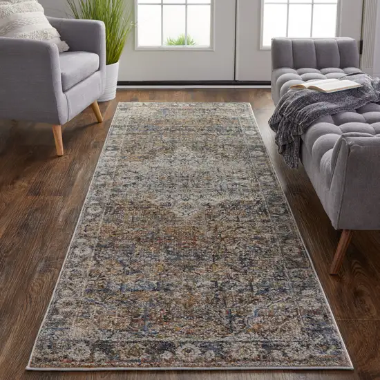 10' Tan Orange And Blue Floral Power Loom Distressed Runner Rug With Fringe Photo 4
