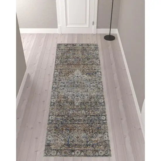 10' Tan Orange And Blue Floral Power Loom Distressed Runner Rug With Fringe Photo 2