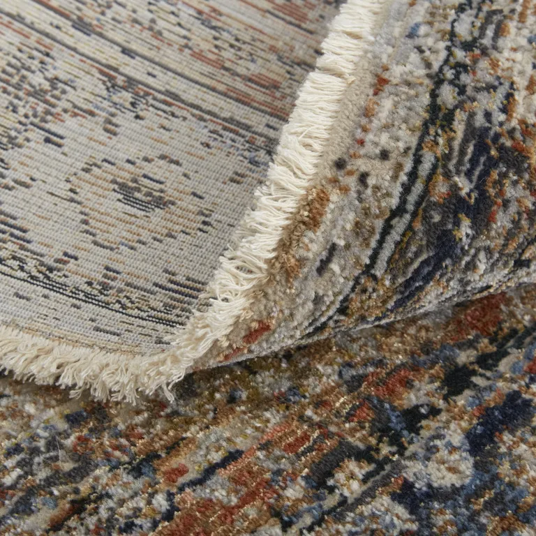 10' Tan Orange And Blue Floral Power Loom Distressed Runner Rug With Fringe Photo 3