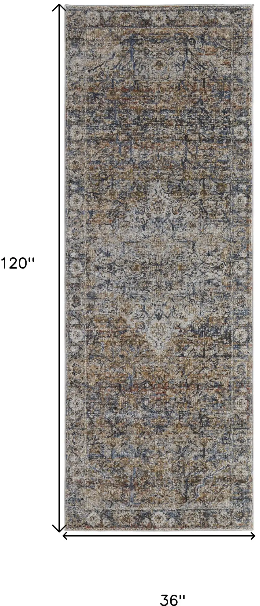 10' Tan Orange And Blue Floral Power Loom Distressed Runner Rug With Fringe Photo 7