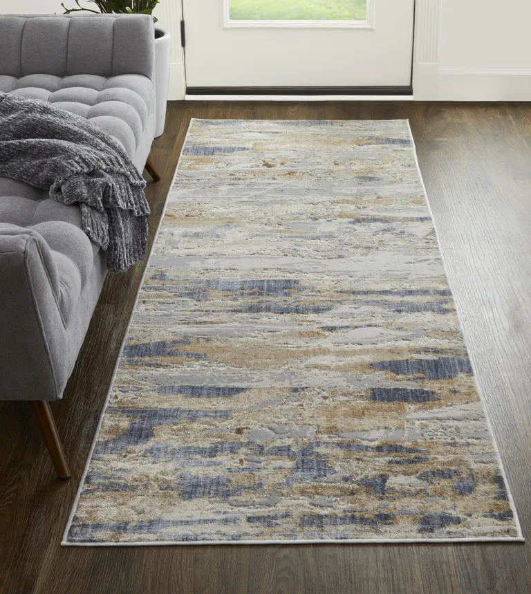 10' Tan Orange And Ivory Abstract Power Loom Distressed Runner Rug Photo 3