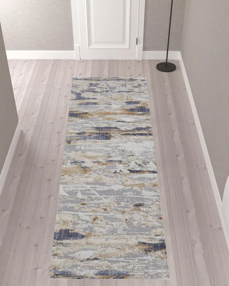10' Tan Orange And Ivory Abstract Power Loom Distressed Runner Rug Photo 2