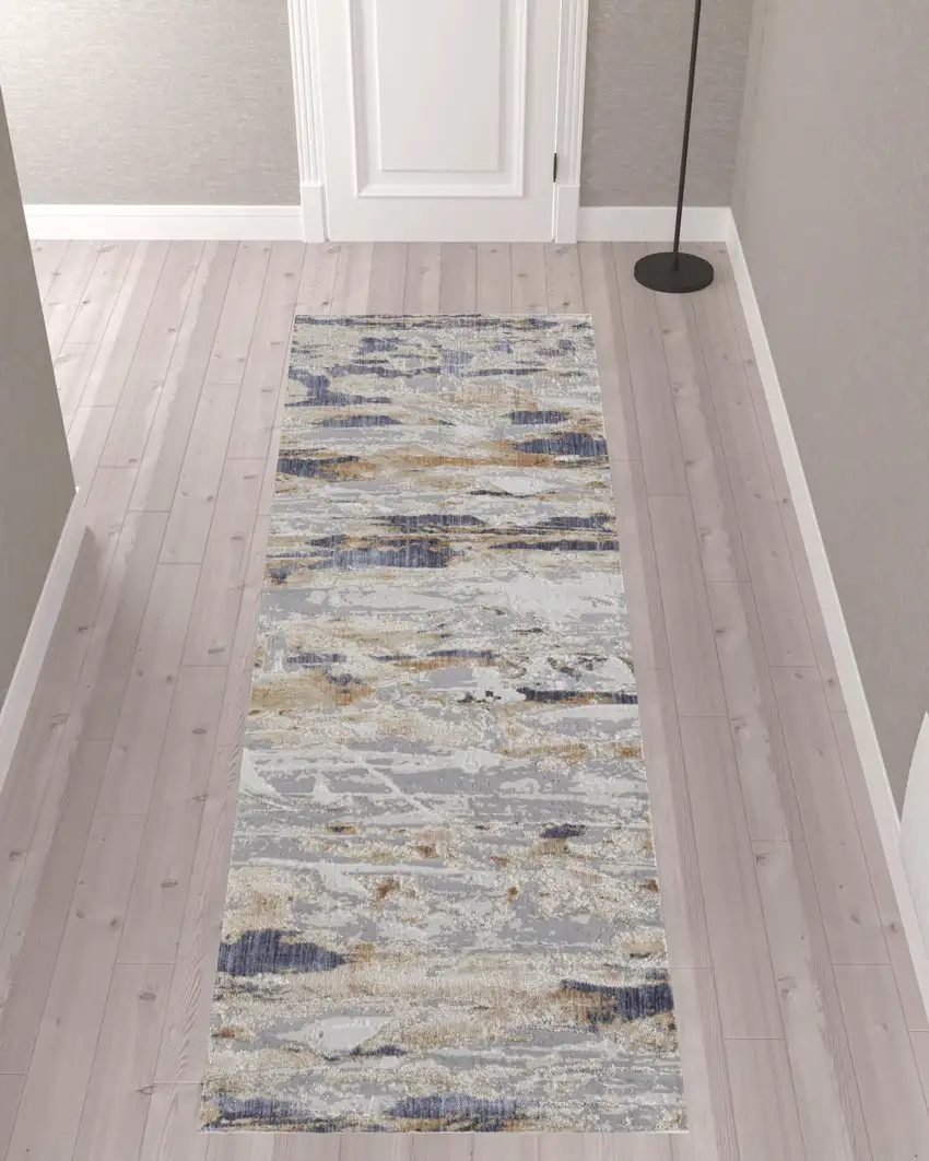 10' Tan Orange And Ivory Abstract Power Loom Distressed Runner Rug Photo 2