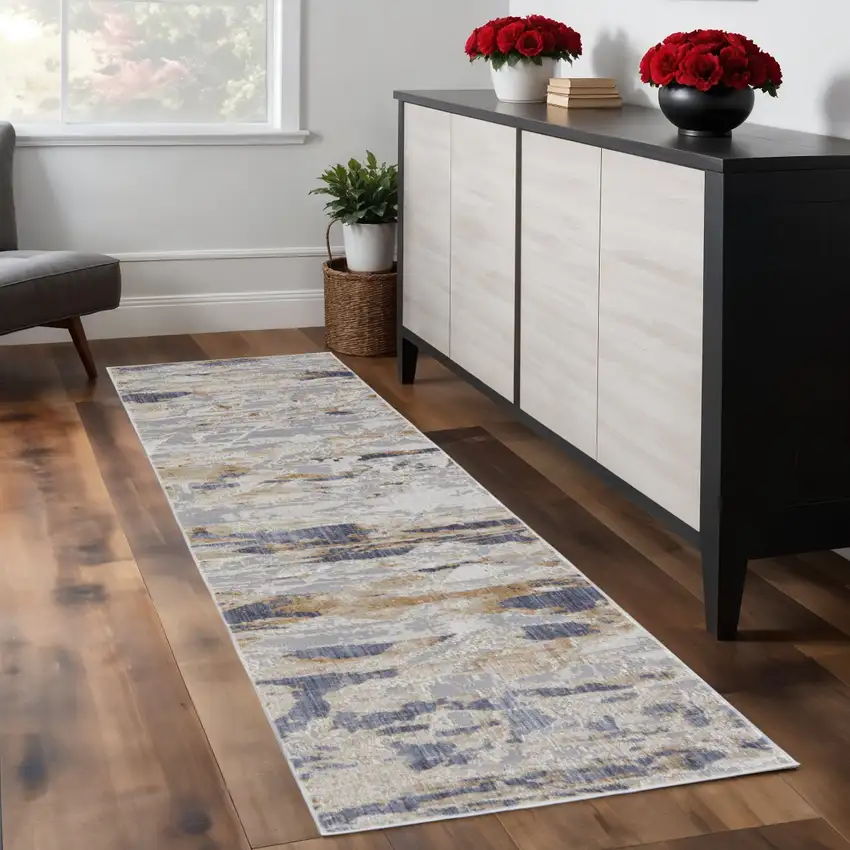 8' Tan Ivory And Blue Abstract Distressed Runner Rug Photo 1