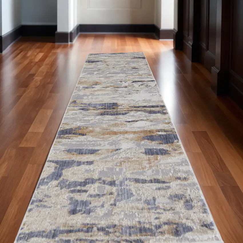 12' Tan Ivory And Blue Abstract Distressed Runner Rug Photo 1