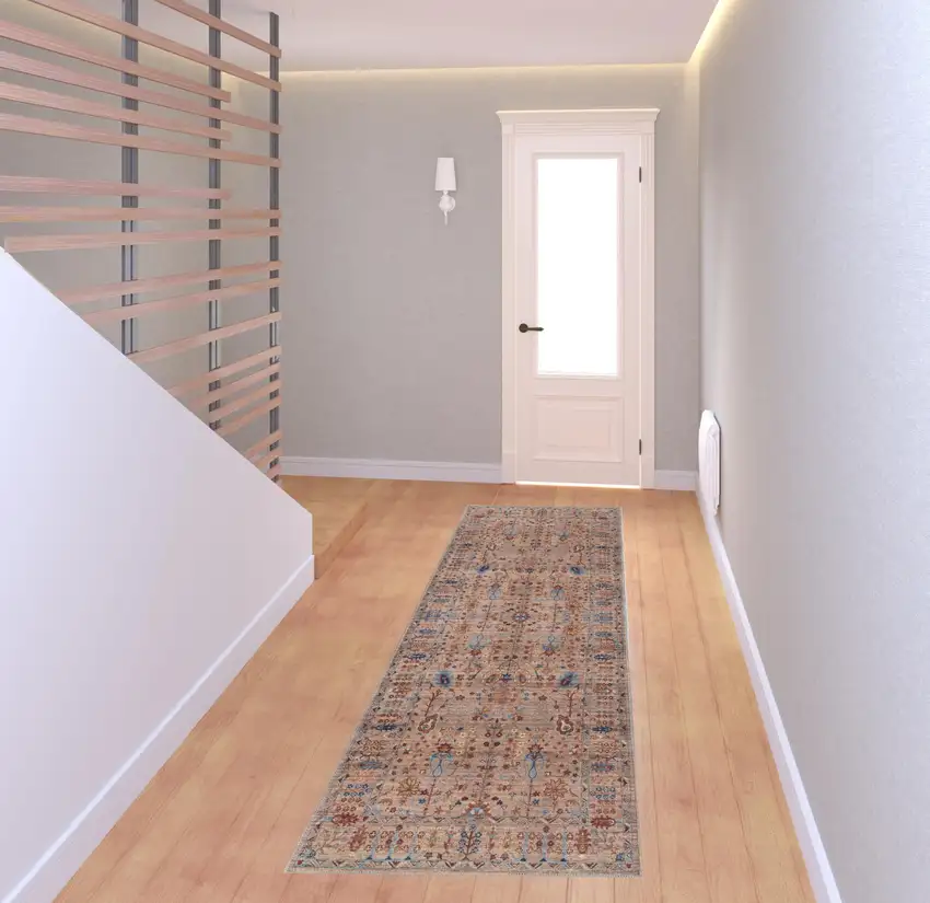 8' Tan Pink And Blue Floral Power Loom Runner Rug Photo 1
