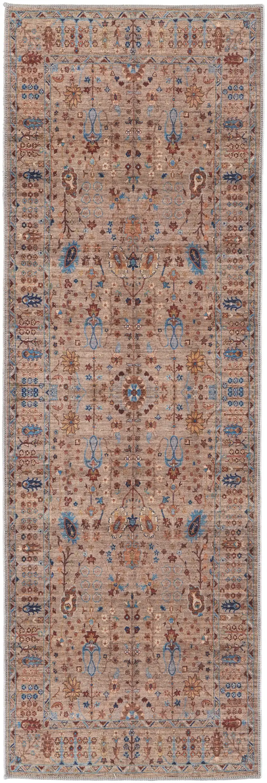 8' Tan Pink And Blue Floral Power Loom Runner Rug Photo 6