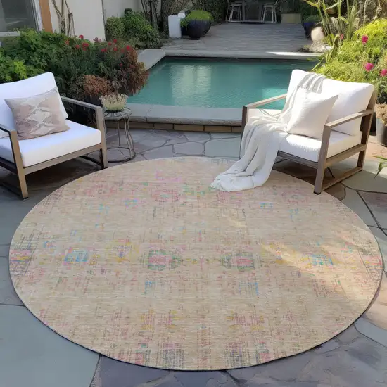 8' Tan Pink And Yellow Round Floral Medallion Washable Indoor Outdoor Area Rug Photo 8