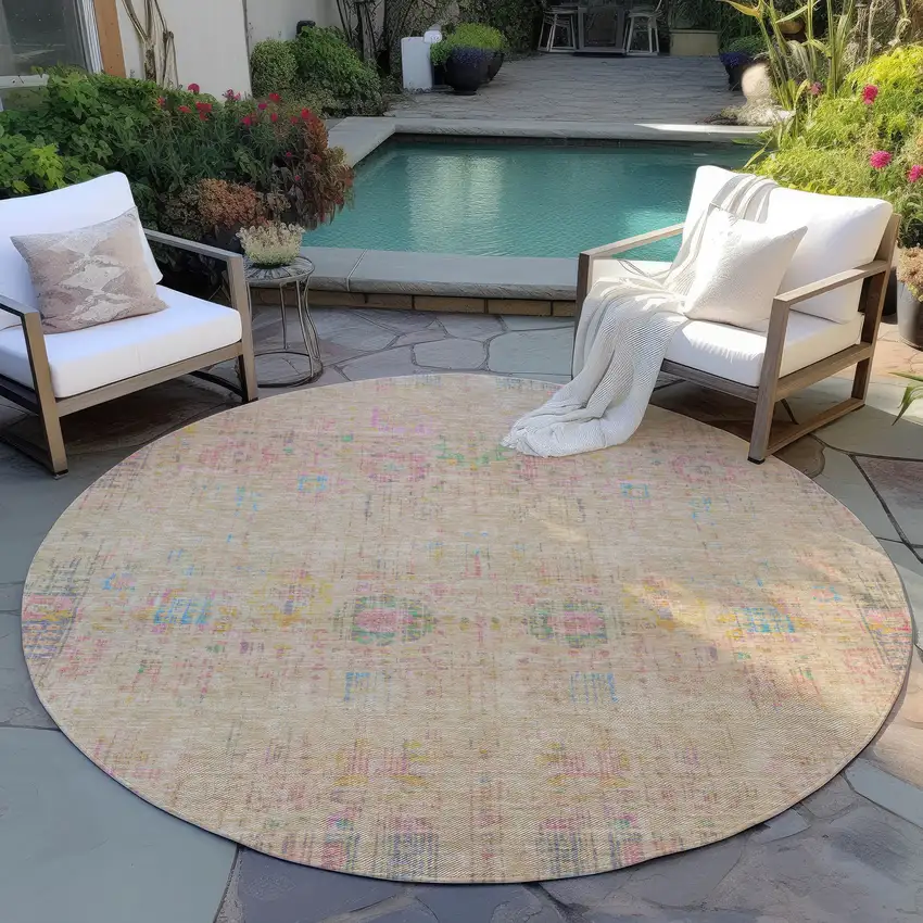 8' Tan Pink And Yellow Round Floral Medallion Washable Indoor Outdoor Area Rug Photo 8