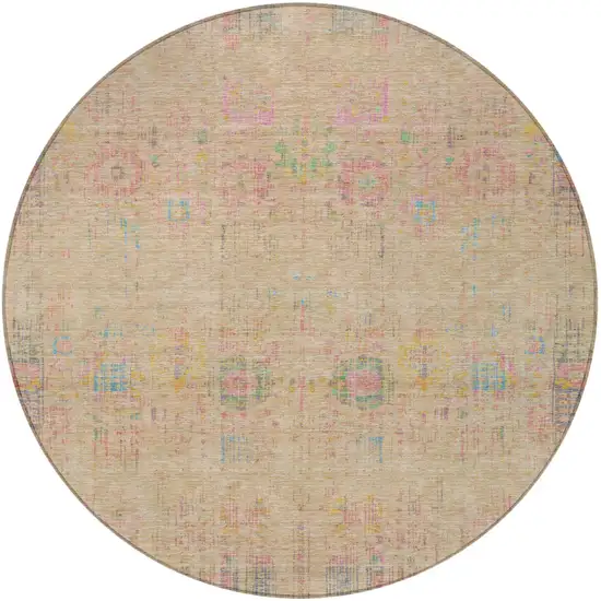 8' Tan Pink And Yellow Round Floral Medallion Washable Indoor Outdoor Area Rug Photo 6