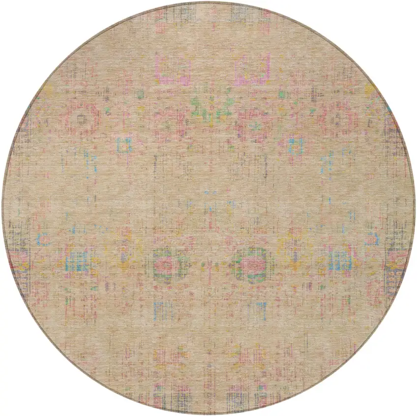 8' Tan Pink And Yellow Round Floral Medallion Washable Indoor Outdoor Area Rug Photo 6