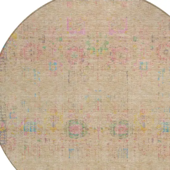 8' Tan Pink And Yellow Round Floral Medallion Washable Indoor Outdoor Area Rug Photo 5
