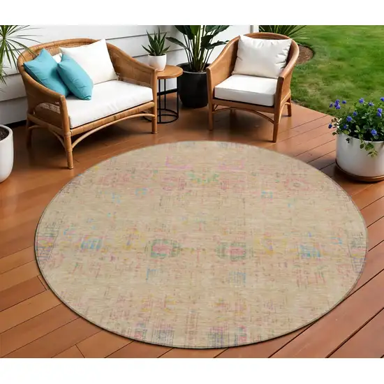 8' Tan Pink And Yellow Round Floral Medallion Washable Indoor Outdoor Area Rug Photo 2