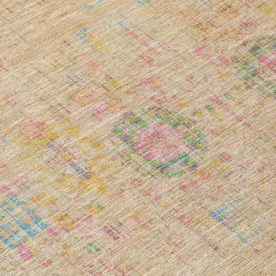 8' Tan Pink And Yellow Round Floral Medallion Washable Indoor Outdoor Area Rug Photo 4