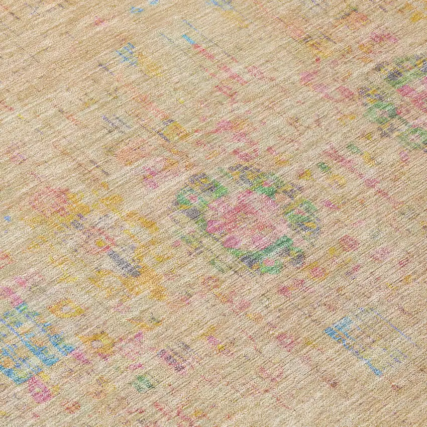 8' Tan Pink And Yellow Round Floral Medallion Washable Indoor Outdoor Area Rug Photo 4