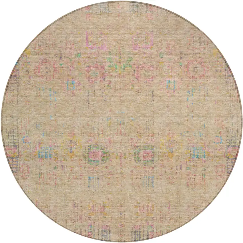 8' Tan Pink And Yellow Round Floral Medallion Washable Indoor Outdoor Area Rug Photo 1