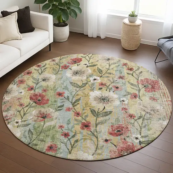 8' Tan Red And Wheat Round Floral Washable Indoor Outdoor Area Rug Photo 5