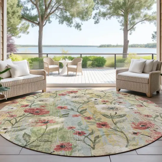 8' Tan Red And Wheat Round Floral Washable Indoor Outdoor Area Rug Photo 4
