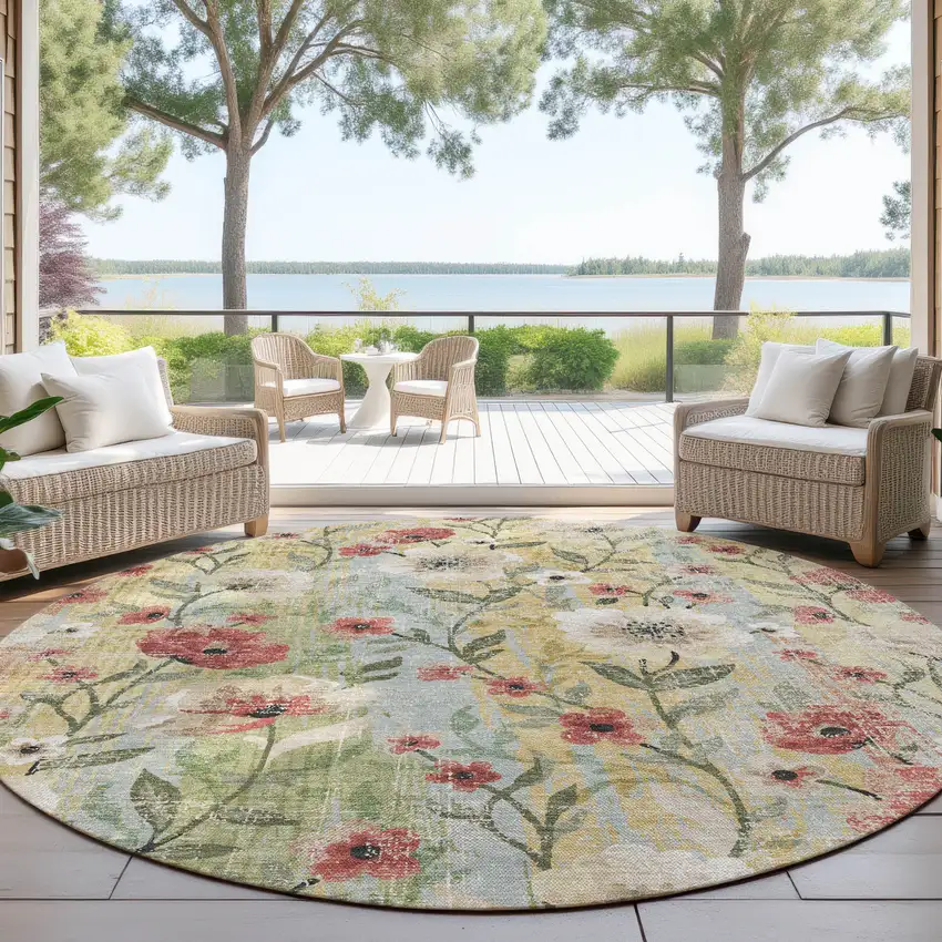 8' Tan Red And Wheat Round Floral Washable Indoor Outdoor Area Rug Photo 4