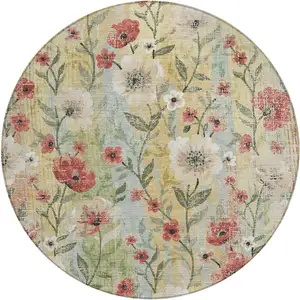 Photo of 8' Tan Red And Wheat Round Floral Washable Indoor Outdoor Area Rug