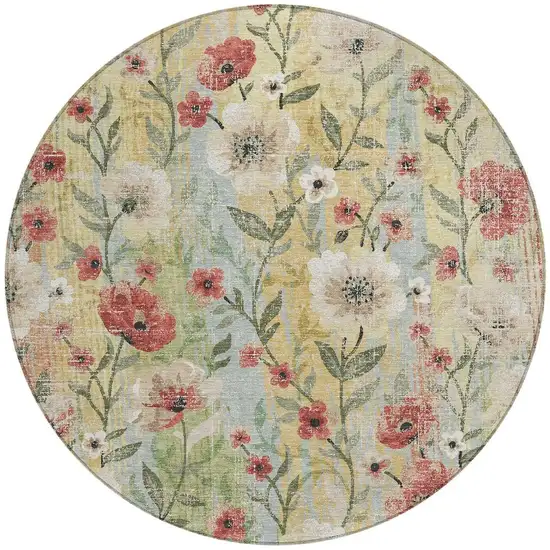 8' Tan Red And Wheat Round Floral Washable Indoor Outdoor Area Rug Photo 2