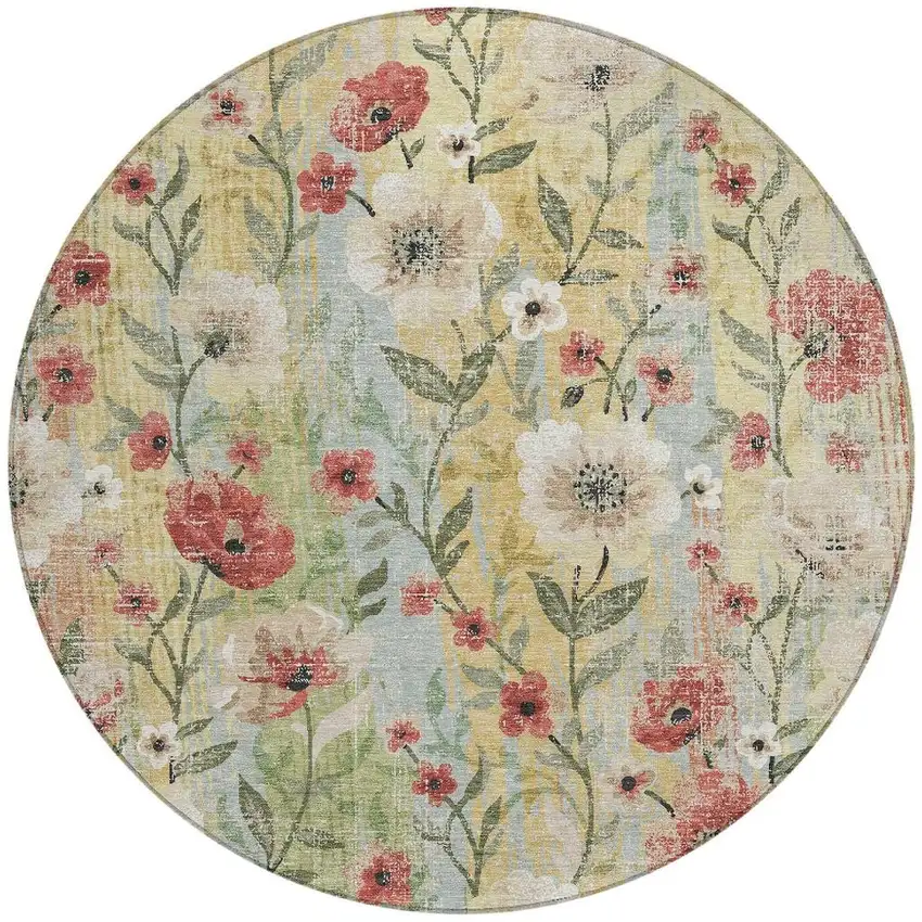 8' Tan Red And Wheat Round Floral Washable Indoor Outdoor Area Rug Photo 2