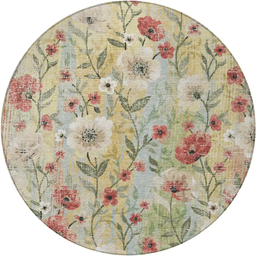 8' Tan Red And Wheat Round Floral Washable Indoor Outdoor Area Rug Photo 3